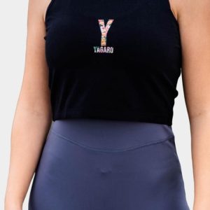Black top with floral logo